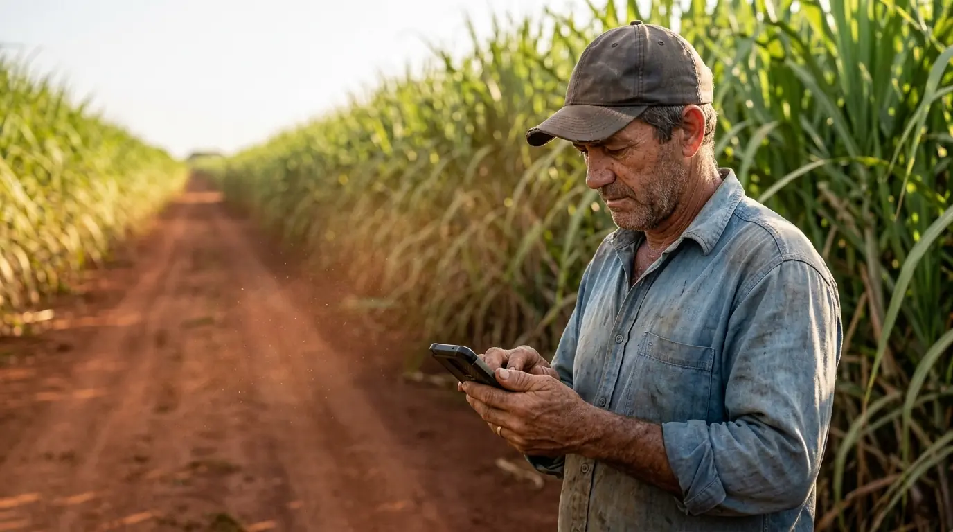 Encarregado num carreador entre canaviais, lançando o serviço pelo celular