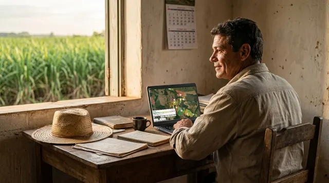Produtor no escritório da fazenda olhando o mapa da CultivoMais no notebook