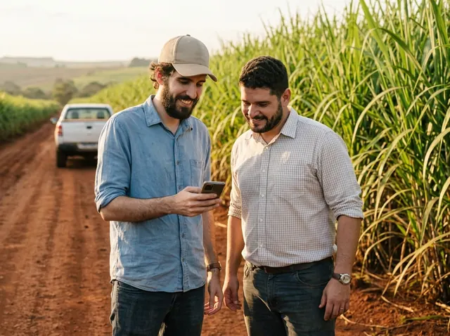 Arthur Cavalcante e Marcelo Garvil, sócios da CultivoMais, num carreador ao lado do canavial