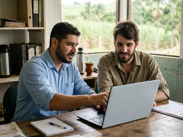 Marcelo e Arthur no escritório da fazenda, olhando o notebook