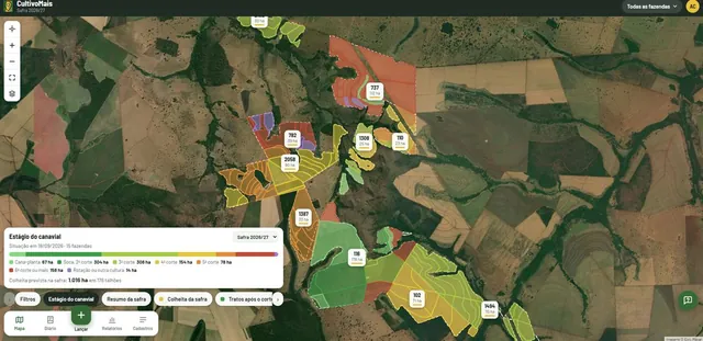 Mapa de satélite com as áreas de cultivo coloridas pelo estágio do canavial